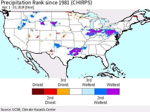 United States Precipitation Rank since 1981 (CHIRPS) Thematic Map For 4/1/2024 - 4/10/2024