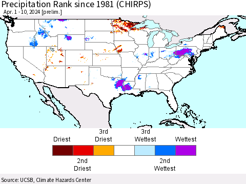 United States Precipitation Rank since 1981 (CHIRPS) Thematic Map For 4/1/2024 - 4/10/2024