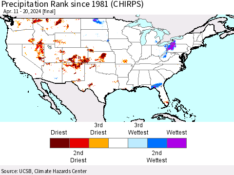 United States Precipitation Rank since 1981 (CHIRPS) Thematic Map For 4/11/2024 - 4/20/2024