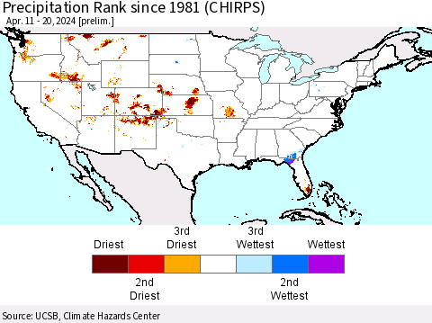 United States Precipitation Rank since 1981 (CHIRPS) Thematic Map For 4/11/2024 - 4/20/2024