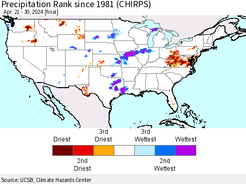 United States Precipitation Rank since 1981 (CHIRPS) Thematic Map For 4/21/2024 - 4/30/2024
