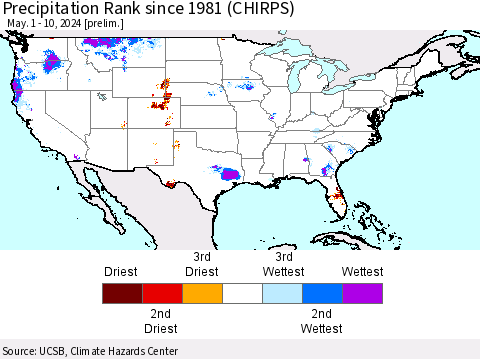 United States Precipitation Rank since 1981 (CHIRPS) Thematic Map For 5/1/2024 - 5/10/2024