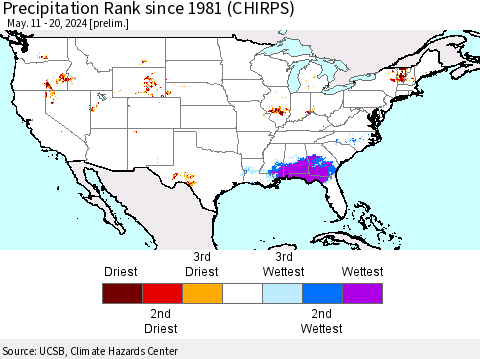 United States Precipitation Rank since 1981 (CHIRPS) Thematic Map For 5/11/2024 - 5/20/2024