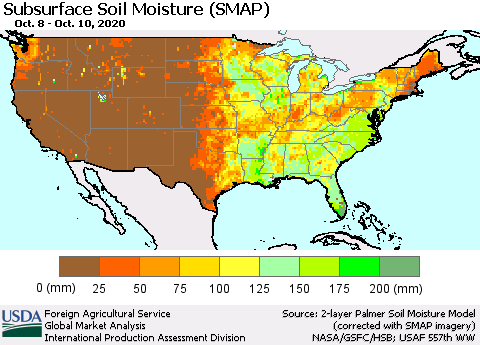 United States Subsurface Soil Moisture (SMAP) Thematic Map For 10/5/2020 - 10/11/2020