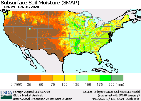 United States Subsurface Soil Moisture (SMAP) Thematic Map For 10/26/2020 - 11/1/2020