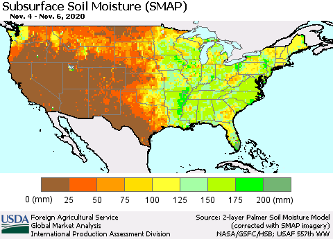 United States Subsurface Soil Moisture (SMAP) Thematic Map For 11/2/2020 - 11/8/2020