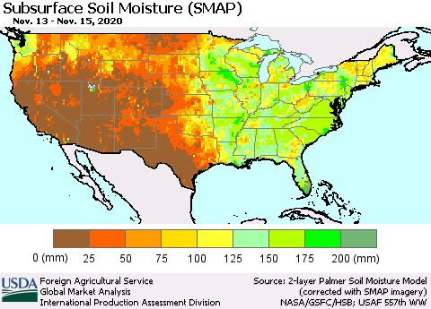 United States Subsurface Soil Moisture (SMAP) Thematic Map For 11/9/2020 - 11/15/2020