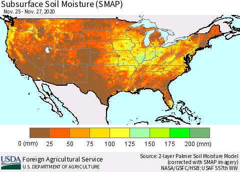 United States Subsurface Soil Moisture (SMAP) Thematic Map For 11/23/2020 - 11/29/2020