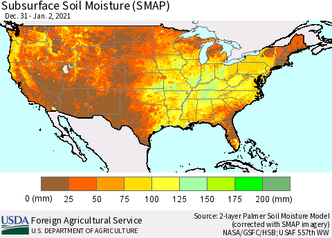 United States Subsurface Soil Moisture (SMAP) Thematic Map For 12/28/2020 - 1/3/2021