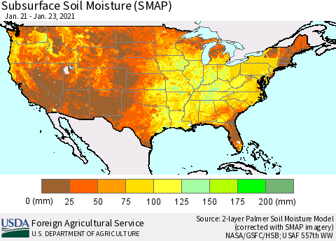 United States Subsurface Soil Moisture (SMAP) Thematic Map For 1/18/2021 - 1/24/2021