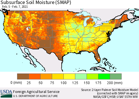 United States Subsurface Soil Moisture (SMAP) Thematic Map For 2/1/2021 - 2/7/2021