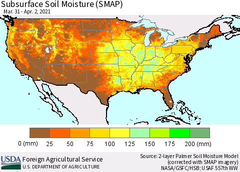 United States Subsurface Soil Moisture (SMAP) Thematic Map For 3/29/2021 - 4/4/2021