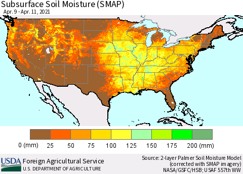 United States Subsurface Soil Moisture (SMAP) Thematic Map For 4/5/2021 - 4/11/2021