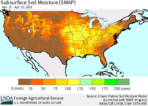 United States Subsurface Soil Moisture (SMAP) Thematic Map For 4/19/2021 - 4/25/2021
