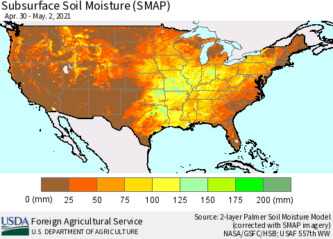 United States Subsurface Soil Moisture (SMAP) Thematic Map For 4/26/2021 - 5/2/2021