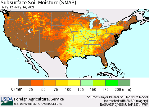 United States Subsurface Soil Moisture (SMAP) Thematic Map For 5/10/2021 - 5/16/2021