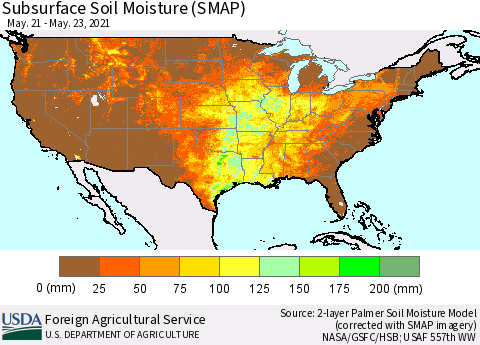 United States Subsurface Soil Moisture (SMAP) Thematic Map For 5/17/2021 - 5/23/2021