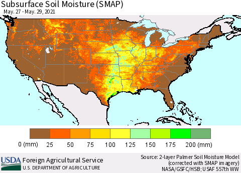 United States Subsurface Soil Moisture (SMAP) Thematic Map For 5/24/2021 - 5/30/2021