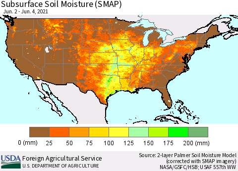 United States Subsurface Soil Moisture (SMAP) Thematic Map For 5/31/2021 - 6/6/2021