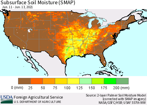 United States Subsurface Soil Moisture (SMAP) Thematic Map For 6/7/2021 - 6/13/2021