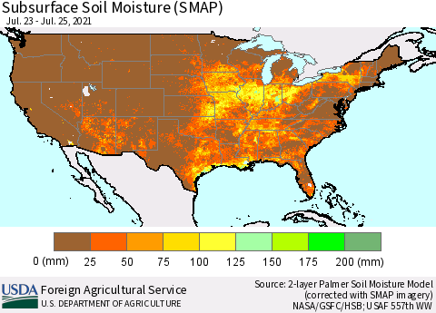 United States Subsurface Soil Moisture (SMAP) Thematic Map For 7/19/2021 - 7/25/2021