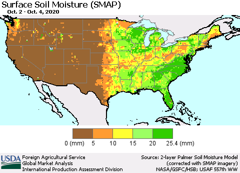 United States Surface Soil Moisture (SMAP) Thematic Map For 9/28/2020 - 10/4/2020