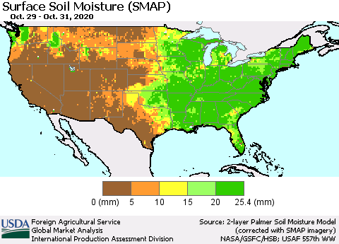 United States Surface Soil Moisture (SMAP) Thematic Map For 10/26/2020 - 11/1/2020