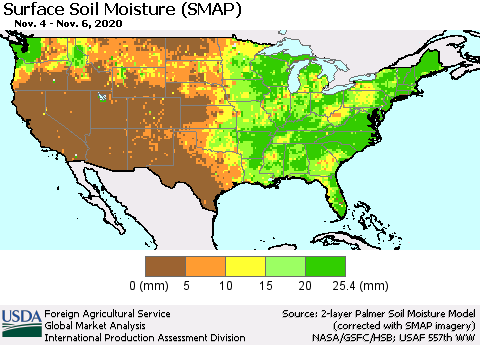 United States Surface Soil Moisture (SMAP) Thematic Map For 11/2/2020 - 11/8/2020