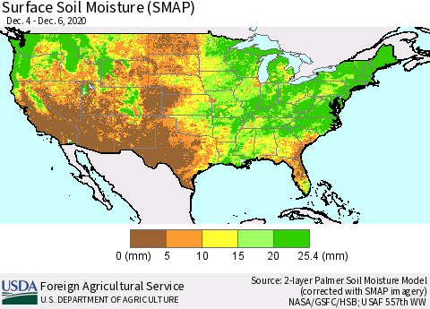 United States Surface Soil Moisture (SMAP) Thematic Map For 11/30/2020 - 12/6/2020
