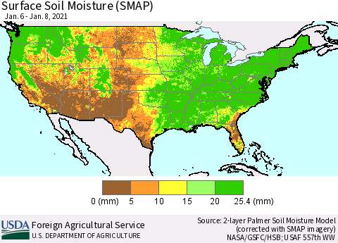 United States Surface Soil Moisture (SMAP) Thematic Map For 1/4/2021 - 1/10/2021