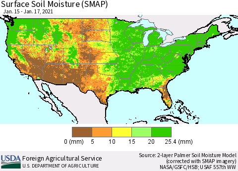 United States Surface Soil Moisture (SMAP) Thematic Map For 1/11/2021 - 1/17/2021