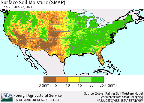 United States Surface Soil Moisture (SMAP) Thematic Map For 1/18/2021 - 1/24/2021