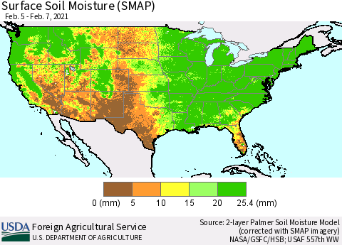 United States Surface Soil Moisture (SMAP) Thematic Map For 2/1/2021 - 2/7/2021