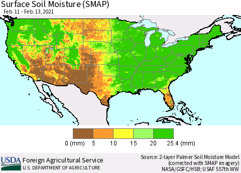 United States Surface Soil Moisture (SMAP) Thematic Map For 2/8/2021 - 2/14/2021