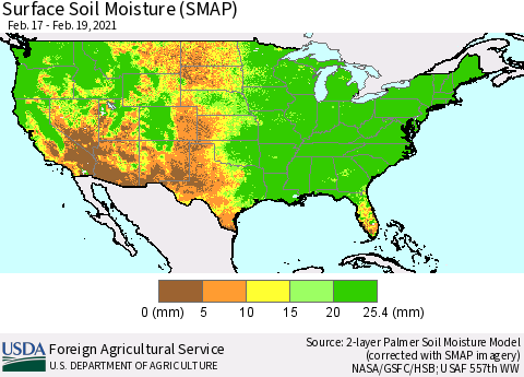 United States Surface Soil Moisture (SMAP) Thematic Map For 2/15/2021 - 2/21/2021