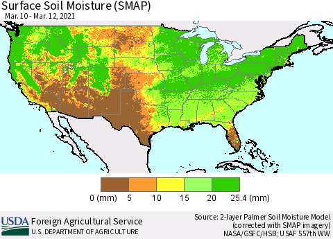 United States Surface Soil Moisture (SMAP) Thematic Map For 3/8/2021 - 3/14/2021