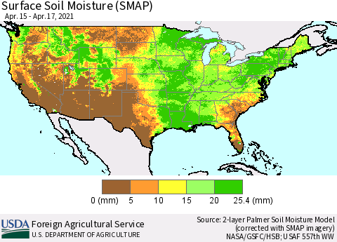 United States Surface Soil Moisture (SMAP) Thematic Map For 4/12/2021 - 4/18/2021