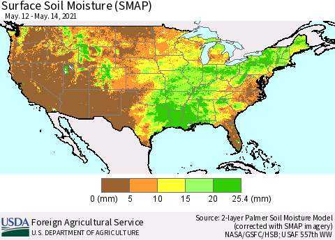 United States Surface Soil Moisture (SMAP) Thematic Map For 5/10/2021 - 5/16/2021