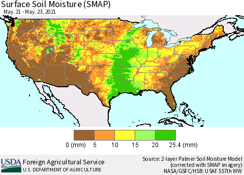 United States Surface Soil Moisture (SMAP) Thematic Map For 5/17/2021 - 5/23/2021