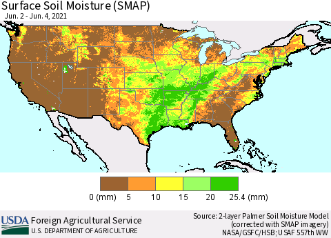 United States Surface Soil Moisture (SMAP) Thematic Map For 5/31/2021 - 6/6/2021