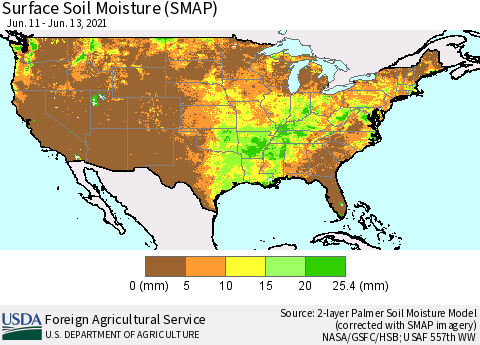 United States Surface Soil Moisture (SMAP) Thematic Map For 6/7/2021 - 6/13/2021