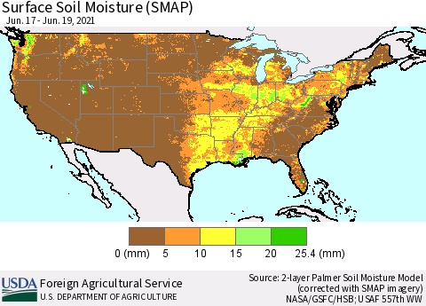 United States Surface Soil Moisture (SMAP) Thematic Map For 6/14/2021 - 6/20/2021