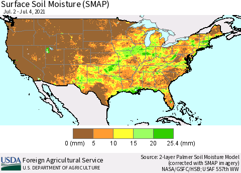 United States Surface Soil Moisture (SMAP) Thematic Map For 6/28/2021 - 7/4/2021