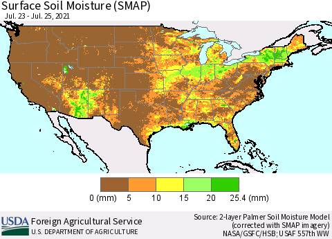 United States Surface Soil Moisture (SMAP) Thematic Map For 7/19/2021 - 7/25/2021
