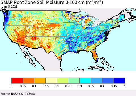 United States SMAP Root Zone (0-100 cm) Soil Moisture (m³/m³) Thematic Map For 1/1/2021 - 1/5/2021