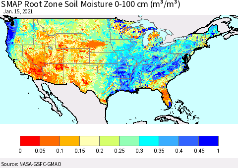 United States SMAP Root Zone (0-100 cm) Soil Moisture (m³/m³) Thematic Map For 1/11/2021 - 1/15/2021