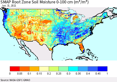 United States SMAP Root Zone (0-100 cm) Soil Moisture (m³/m³) Thematic Map For 1/26/2021 - 1/31/2021