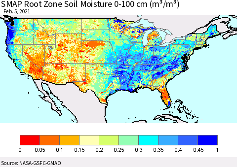 United States SMAP Root Zone (0-100 cm) Soil Moisture (m³/m³) Thematic Map For 2/1/2021 - 2/5/2021
