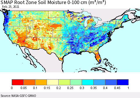 United States SMAP Root Zone (0-100 cm) Soil Moisture (m³/m³) Thematic Map For 2/21/2021 - 2/25/2021