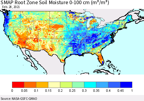 United States SMAP Root Zone (0-100 cm) Soil Moisture (m³/m³) Thematic Map For 2/26/2021 - 2/28/2021